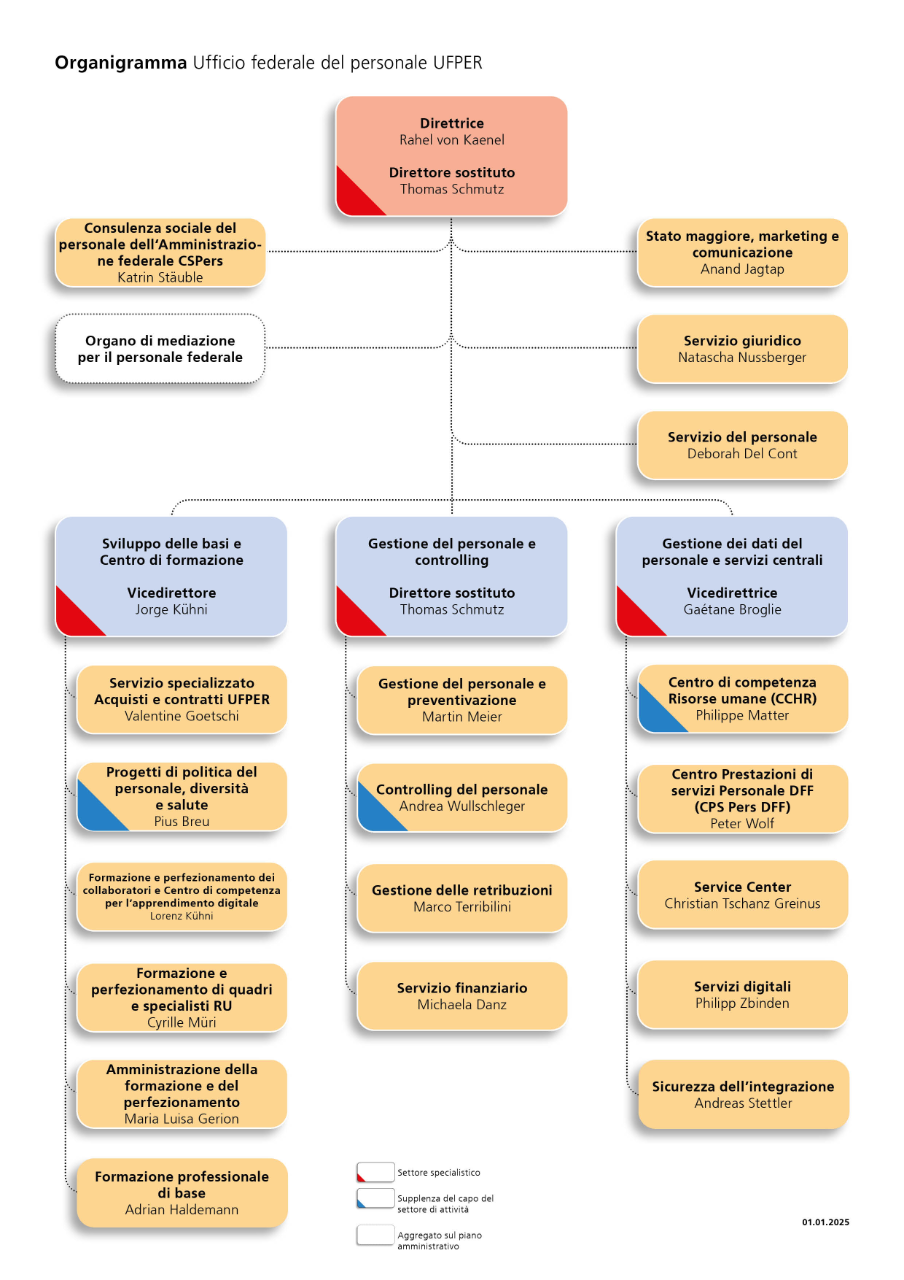Organigramma dell’UFPER: rappresentazione schematica della direzione e dei tre settori di attività «Sviluppo delle basi e Centro di formazione», «Gestione del personale e controlling» e «Gestione dei dati del personale e servizi centrali» nonché i relativi reparti. 